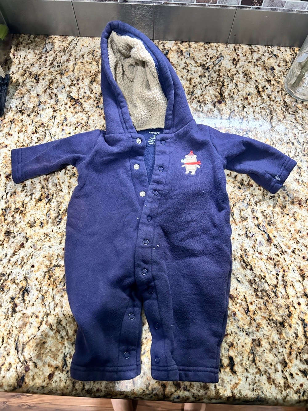 Carter's Navy Hooded Fleece One-Piece with Polar Bear Patch